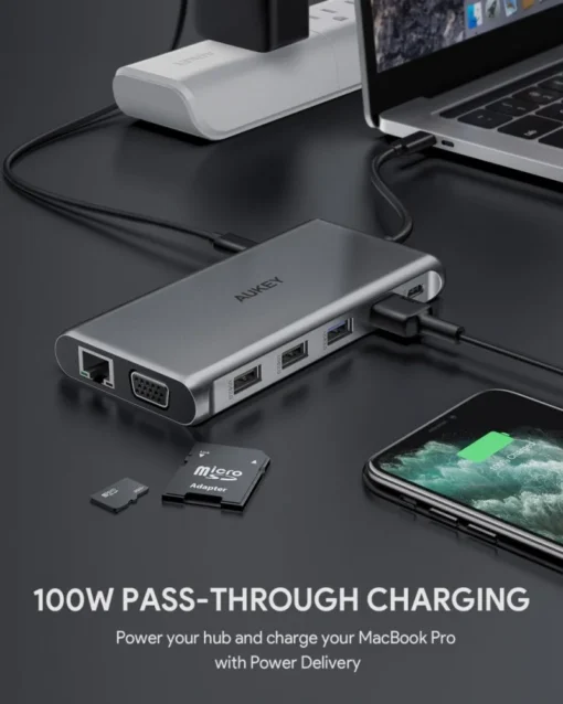 AUKEY HUB CB-C78 aluminum USB-C | 12w1 | RJ45 Ethernet 10/100/1000Mbps | 2xUSB 3.1 | 2xUSB 2.0 | 2xHDMI 4k@30Hz | VGA | SD i microSD | USB-C | USB-C - Image 5