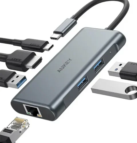 AUKEY Hub USB-C CB-C75 Aluminium | 6w1 | RJ45 Ethernet 10/100/1000Mbps | 3xUSB 3.1 | HDMI 4k@30Hz | USB-C Power Delivery