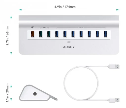 AUKEY Hub 10xUSB CB-H6S aluminium | 10w1 | 7xUSB 3.1 | 2xUSB AiPower | 1xUSB Quick Charge 3.0 - Image 2