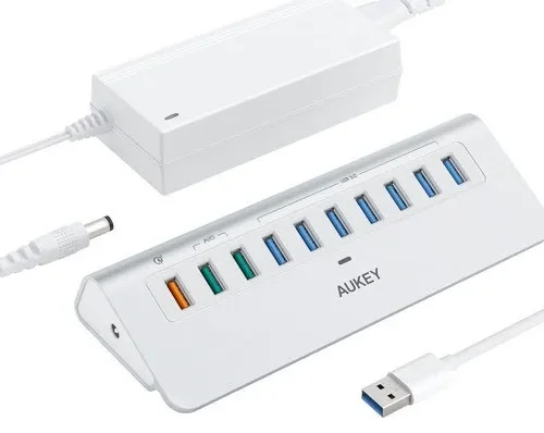 AUKEY Hub 10xUSB CB-H6S aluminium | 10w1 | 7xUSB 3.1 | 2xUSB AiPower | 1xUSB Quick Charge 3.0