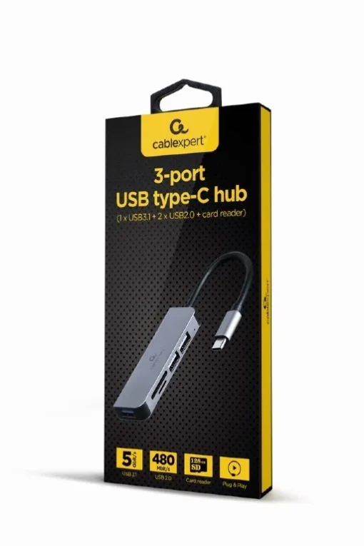 Gembird Hub 3-ports USB-C, USB 2.0x2, USB 3.0, card reader - Image 2