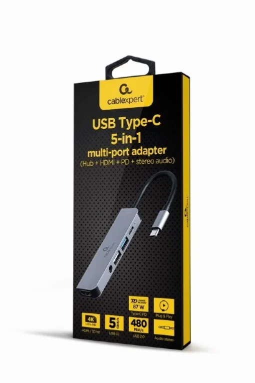 Gembird Adapter USB-C 5in1, PD, HDMI, Audio, USB 3.1, USB 2.0 - Image 2