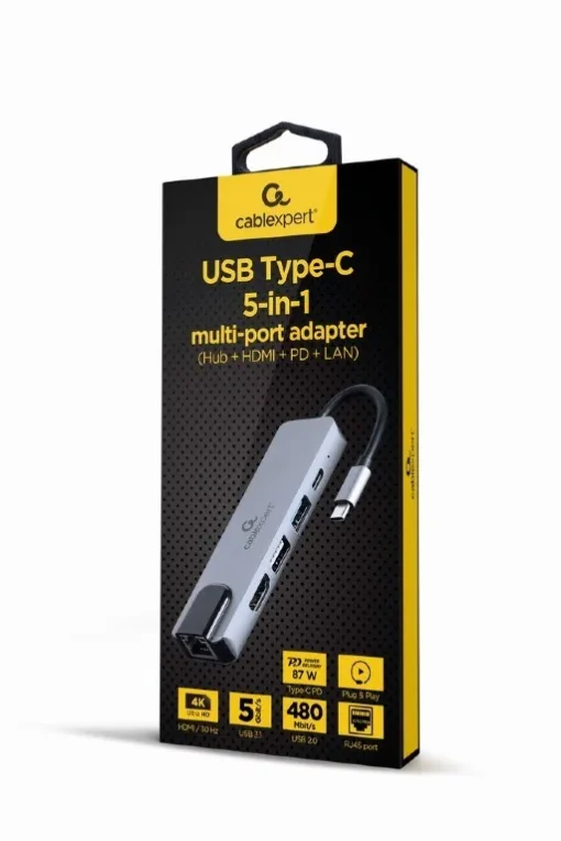 Gembird Adapter USB-C 5in1, PD, HDMI, USB 3.1, USB 2.0, LAN - Image 2