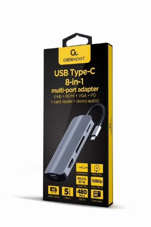 Gembird Adapter USB-C 8in1, HDMI, USB-C, PD, VGA, USB 3.1, 2.0, audio, card reader - Image 3