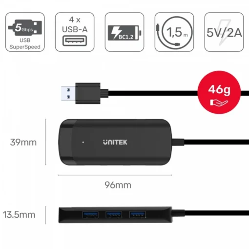 Unitek HUB USB-C, 4x USB-A 3.1, cable 150cm, H1111E - Image 4