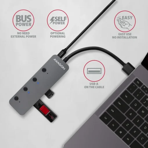 AXAGON Hub HUE-MSA 4x USB3.2 Gen 1 SWITCH, metal, micro USB power IN, 20cm USB-A cable - Image 4