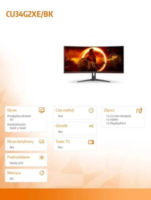 AOC Monitor CU34G2XE 34 inches VA Curved 144Hz HDMI DP - Image 2