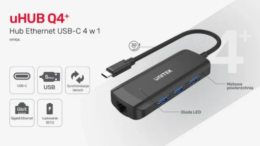 Unitek HUB USB-C, Active, 3x USB-A 5Gbps,RJ-45 1Gbps - Image 2