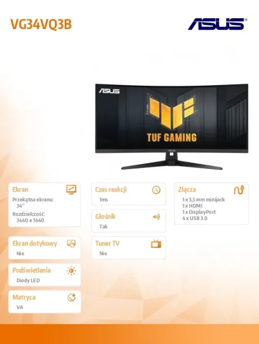 Asus Monitor 34 inches VG34VQ3B WQHD 180Hz DP HDMI TUF 1500R - Image 3