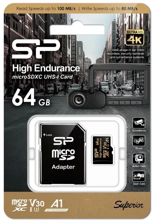 Silicon Power памет card microSDXC High Endurance 64GB V30 UHS-1 U3 A1 24/7 + ADAPTER microSD-SD - Image 2