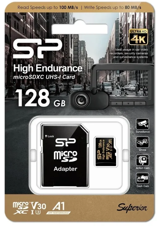 Silicon Power памет card microSDXC High Endurance 128GB V30 UHS-1 U3 A1 24/7 + ADAPTER microSD-SD - Image 2