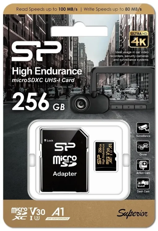 Silicon Power памет card microSDXC High Endurance 256GB V30 UHS-1 U3 A1 24/7 + ADAPTER microSD-SD - Image 2