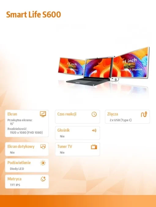 Extralink Portable Лаптоп Monitors Smart Life S300 15 IPS, 2 monitors, 1080p Full HD - Image 5
