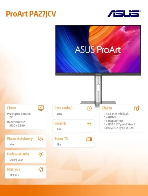 Asus Monitor 27 cali PA27JCV 5K IPS USB-C DP HDMI KVM 100%sRGB HDR500 PIVOT 0-130MM