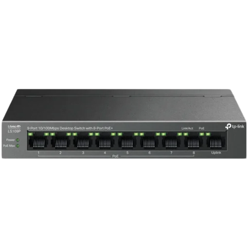 Kомутатор TP-Link LS109P 9-Port 10/100 Mbps Desktop Switch with 8-Port PoE+ 8× 10/100 Mbps PoE+ Ports 1× 10/100 Mbps Non