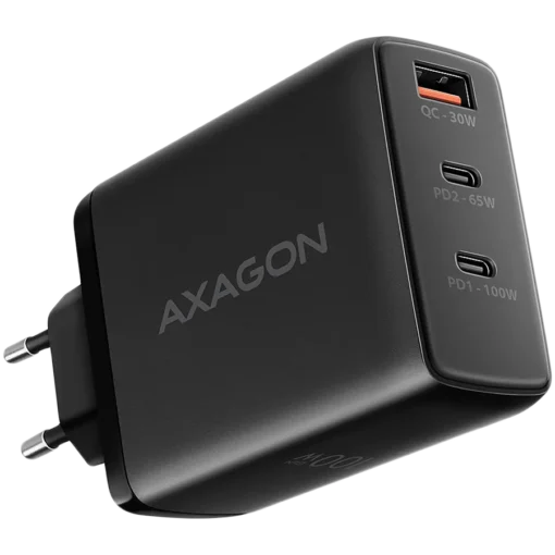 Зарядно за мобилен телефон AXAGON ACU-DPQ100 GaN Wall charger 3x port (USB + dual USB-C) PD3.0/QC4+/PPS/Apple 100W