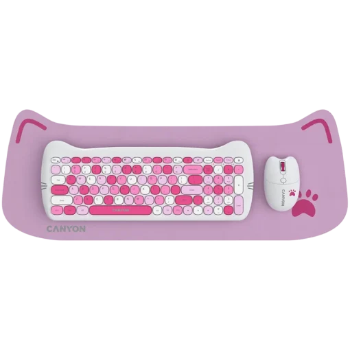 Клавиатура CANYON HSET-W6 EN Keyboard+Mouse Kitty Edition AAA+АА Wireless Pink