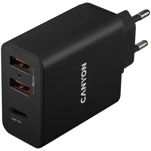 Зарядно за мобилен телефон CANYON charger H-08 PD 30W USB-C 2USB-A Black