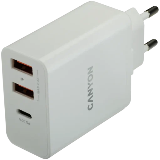 Зарядно за мобилен телефон CANYON charger H-08 PD 30W USB-C 2USB-A White