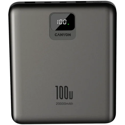 Външна батерия CANYON power bank PB-2008 LED FLAT 20000 mAh PD100W QC3.0 Dark Grey