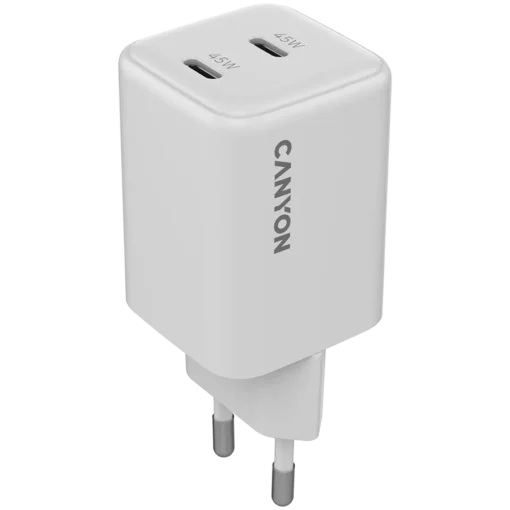 Зарядно за мобилен телефон CANYON charger CU45CC GaN 45W 2xPD EU White