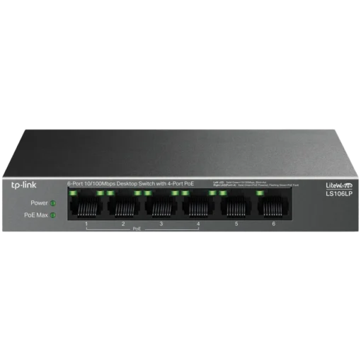 Kомутатор TP-Link LS106LP 6-Port 10/100 Mbps Desktop Switch with 4-Port PoE 4× 10/100 Mbps PoE Ports 2× 10/100 Mbps Non-