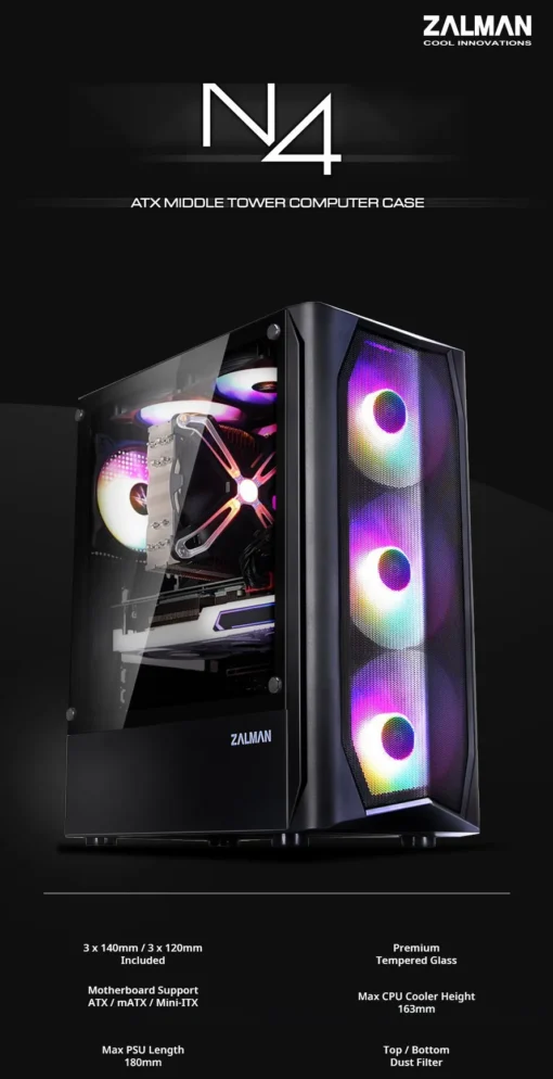 Zalman кутия за компютър Case ATX - N4 - RGB, Tempered Glass - Image 5