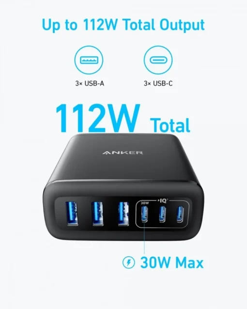 Anker зарядно GaN 112W 3xUSB-A 3xUSB-C black - Image 5