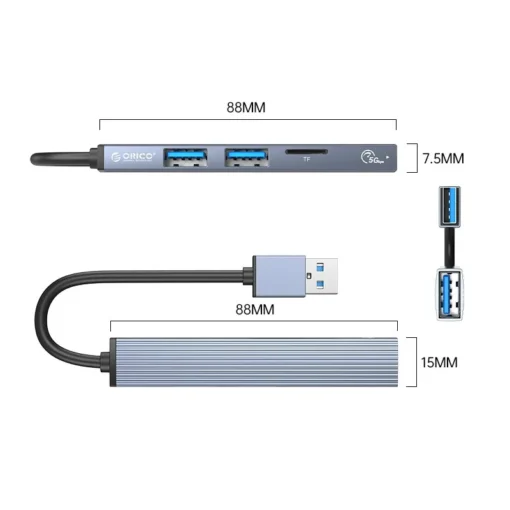 Orico хъб USB3.0/2.0 HUB 3 port + card reader, Aluminum - AH-A12F-GY - Image 3