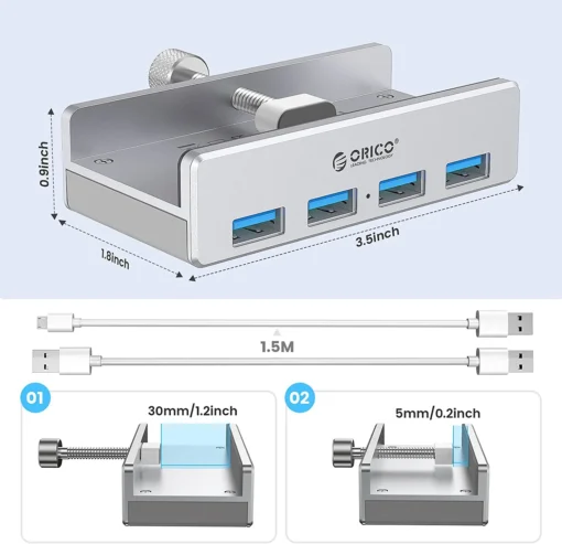 Orico хъб USB 3.0 HUB Clip Type 4 port - aux Micro-USB power input, Aluminum - MH4PU-P-SV - Image 5