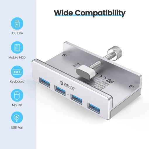 Orico хъб USB 3.0 HUB Clip Type 4 port - aux Micro-USB power input, Aluminum - MH4PU-P-SV - Image 6