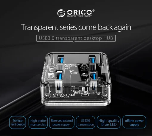 Orico хъб USB3.0 HUB 4 port transparent, 1m cable - MH4U-U3-10-CR - Image 6