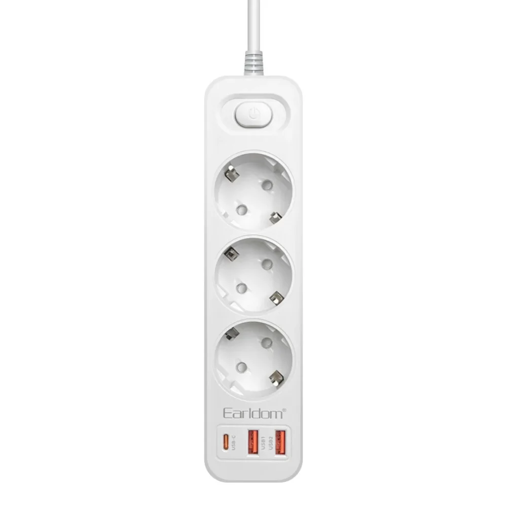 Адаптер (преходник) Разклонител Earldom ES-SC13 3 гнезда CEE 7/3 2 х USB 1 х USB-C 2м.Бял -