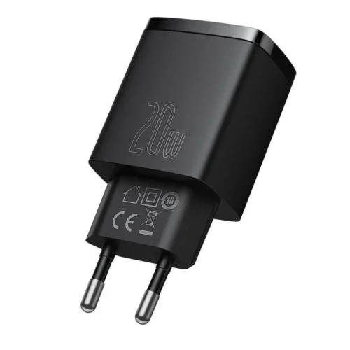 Зарядно за мобилен телефон Мрежово зарядно устройство Baseus Compact 20W 1 x Type-C F 1 x USB F Черен -