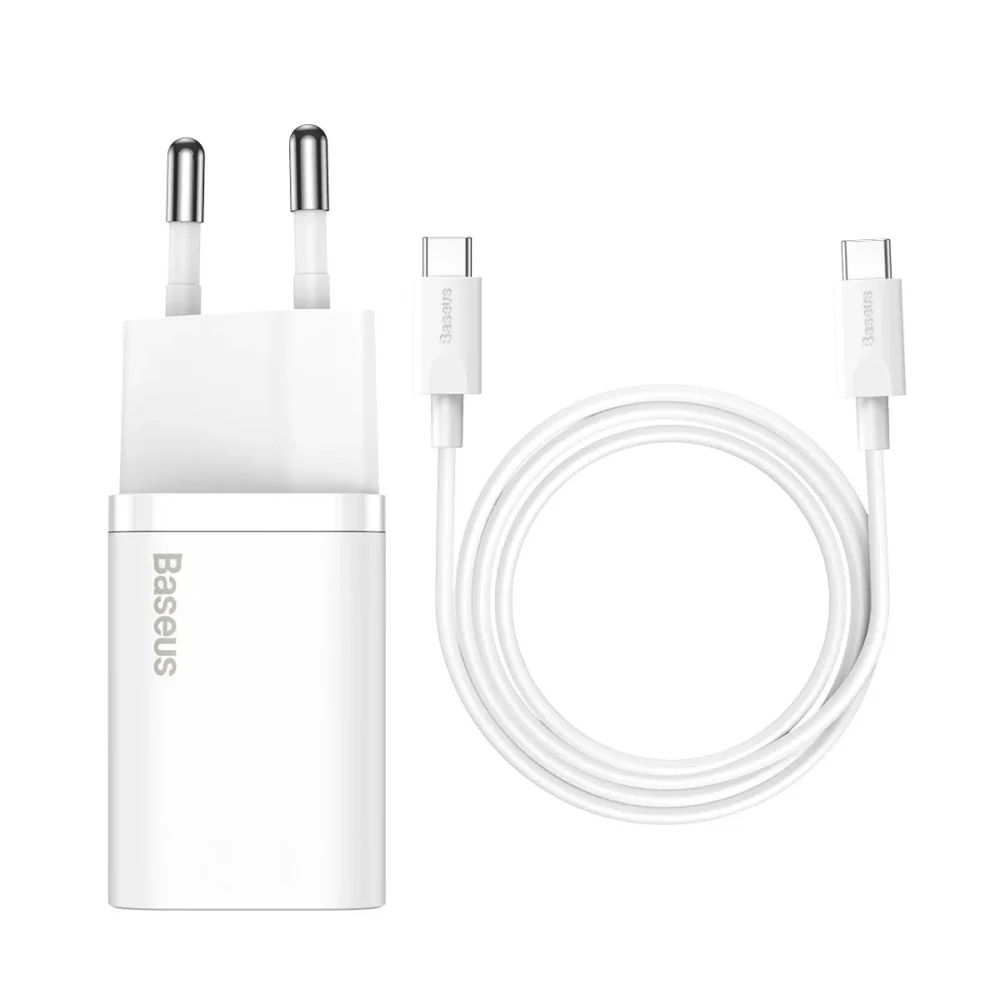 Зарядно за мобилен телефон Мрежово зарядно устройство Baseus Super Si 25W С PD кабел Бял -