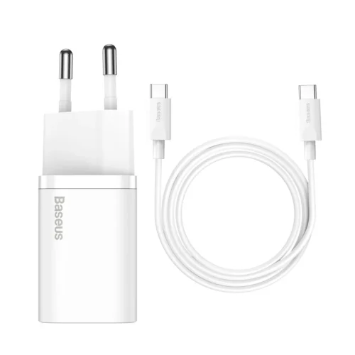 Зарядно за мобилен телефон Мрежово зарядно устройство Baseus Super Si 25W С PD кабел Бял -