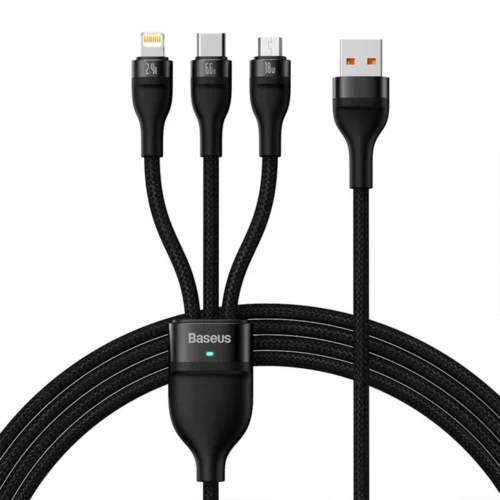 кабел за мобилен телефон Кабел за зареждане Baseus Flash 3 в 1 Micro USB Lightning Type-C 66W 1.2m Черен -