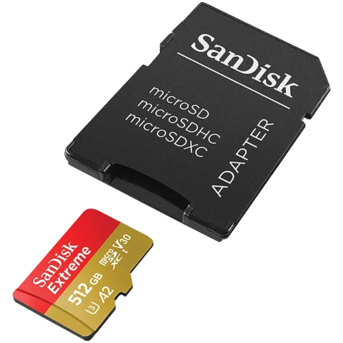 Карта памет SanDisk Extreme microSDXC 512GB + SD Adapter + 1 year RescuePRO Deluxe up to 190MB/s & 130MB/s Read/Write sp