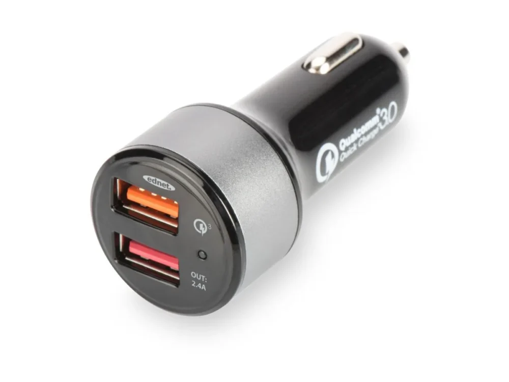 EDNET Qualcomm Quick Charge 3.0 зарядно за кола, 2xUSB (3A/2,4A), черен and silver