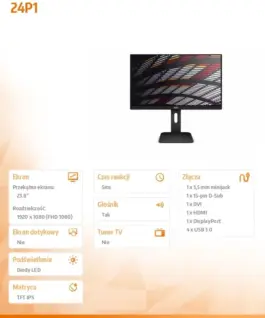 AOC Monitor 23.8 inches 24P1 IPS DVI DP HDMI Pivot Speakers