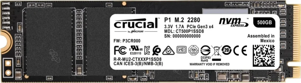 Crucial SSD P1 500GB M.2 PCIe NVMe 2280 1900/950MB/s