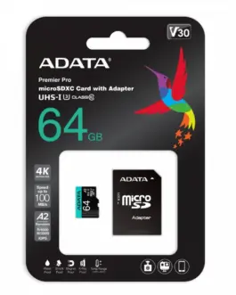 Adata памет card microSD Premier Pro 64 GB UHS1 U3 V30 A2 + адаптер