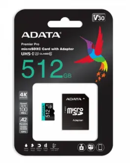Adata памет card microSD Premier Pro 512 GB UHS1 U3 V30 A2 + адаптер