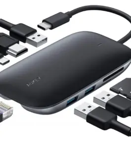 AUKEY CB-C71 aluminium HUB USB-C | 8in1 | RJ45 Ethernet 10/100/1000Mbps | 3xUSB 3.1 | HDMI 4k@30Hz | SD & microSD | USB-C Power Delivery