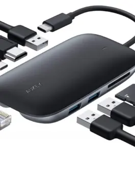 AUKEY CB-C71 aluminium HUB USB-C | 8in1 | RJ45 Ethernet 10/100/1000Mbps | 3xUSB 3.1 | HDMI 4k@30Hz | SD & microSD | USB-C Power Delivery