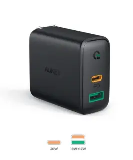 Alternative view of AUKEY мрежово зарядно 2xUSB Power Delivery (1xUSB A+1xUSB C) 5.4A 30W Dynamic Detect PA-D1