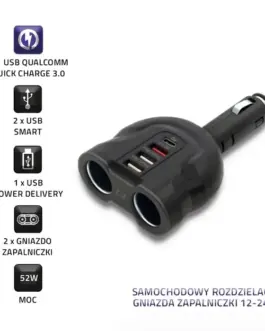 Alternative view of Qoltec зарядно за кола52W,2xUSB,USB QC,USB-C PD,2xcig.socke