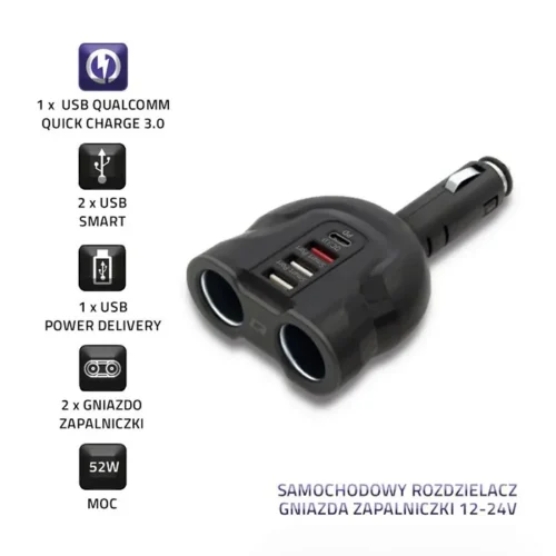 Alternative view of Qoltec зарядно за кола52W,2xUSB,USB QC,USB-C PD,2xcig.socke