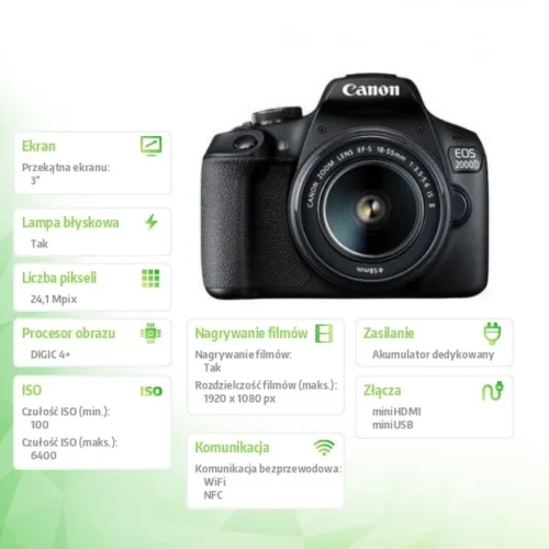 Canon Aparat lustrzanka EOS 2000D черен + 18-55DC + SB130+16GB 2728C054