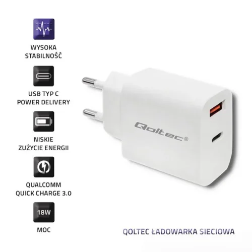 Alternative view of Qoltec зарядно 18W 5-12V, 1.5-3A, USB C
